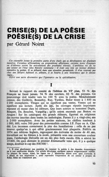 Crise(s) de la Poésie, Poésie(s) de la Crise